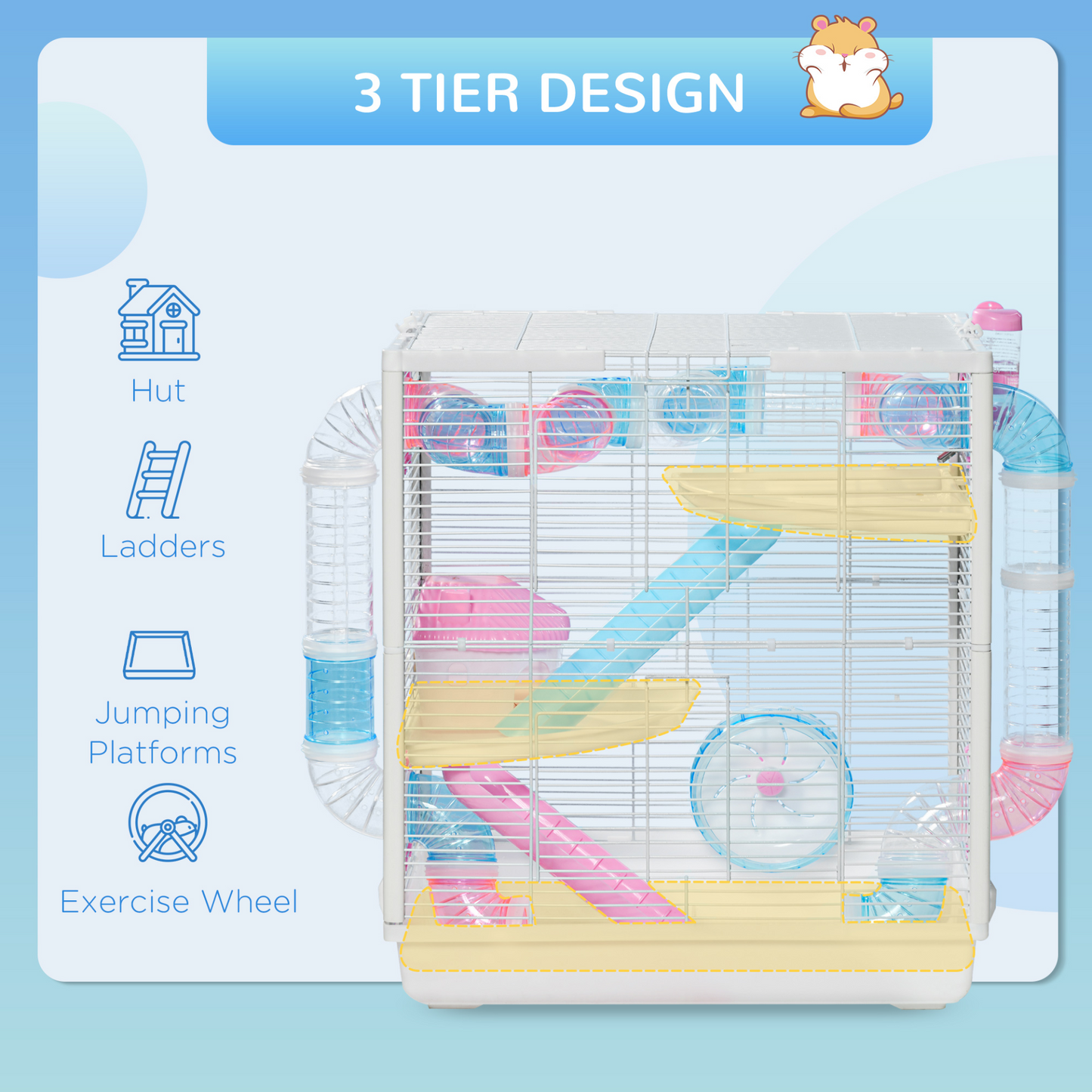 PawHut Hamster Cage, Gerbilarium Cage w/ Tunnel Tubes, Detachable Bottom, Ramps, Jumping Platforms, Hut, Exercise Wheel, Water Bottle, Food Bowl, for Small Rodents, 47 x 29.5 x 53cm