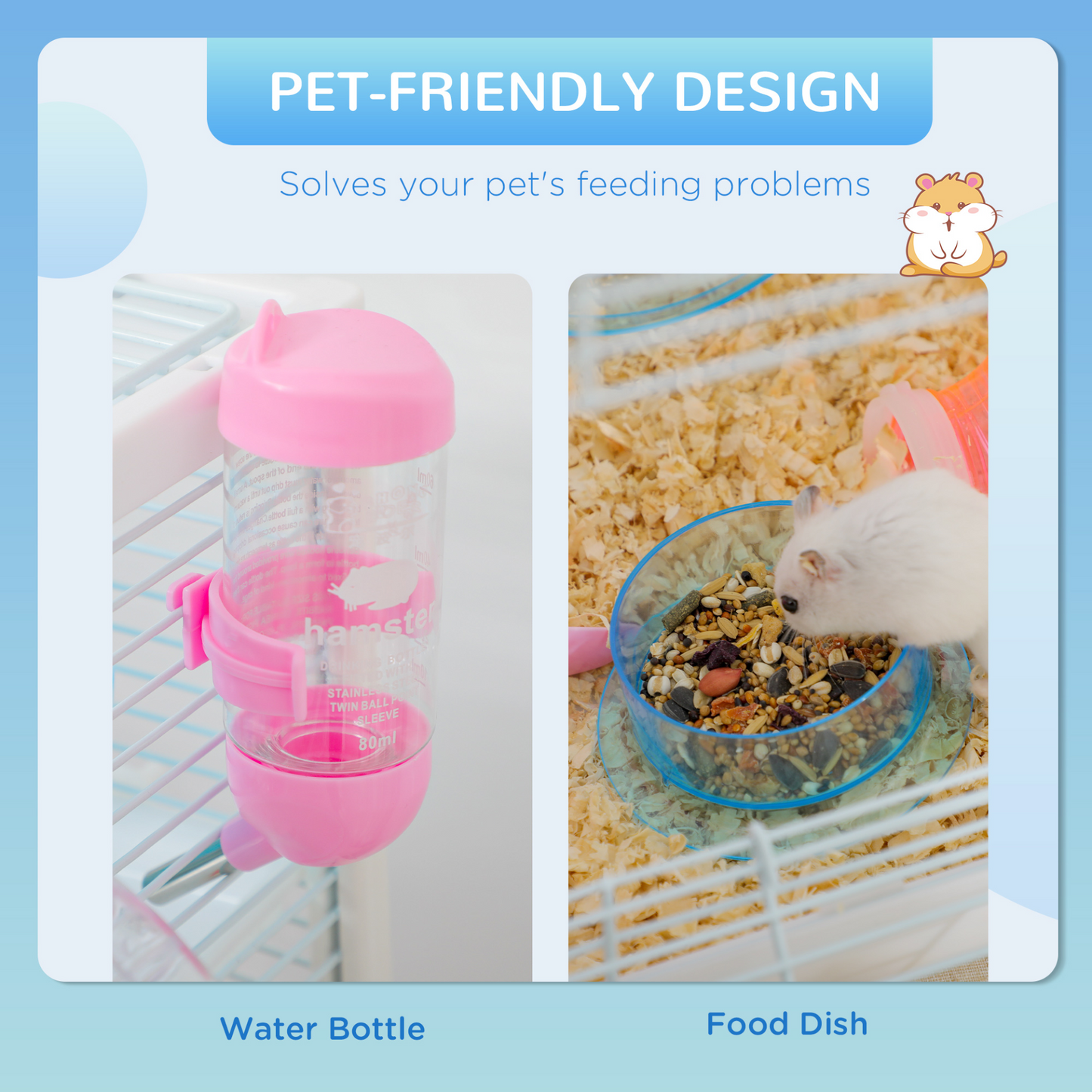 PawHut Hamster Cage, Gerbilarium Cage w/ Tunnel Tubes, Detachable Bottom, Ramps, Jumping Platforms, Hut, Exercise Wheel, Water Bottle, Food Bowl, for Small Rodents, 47 x 29.5 x 53cm