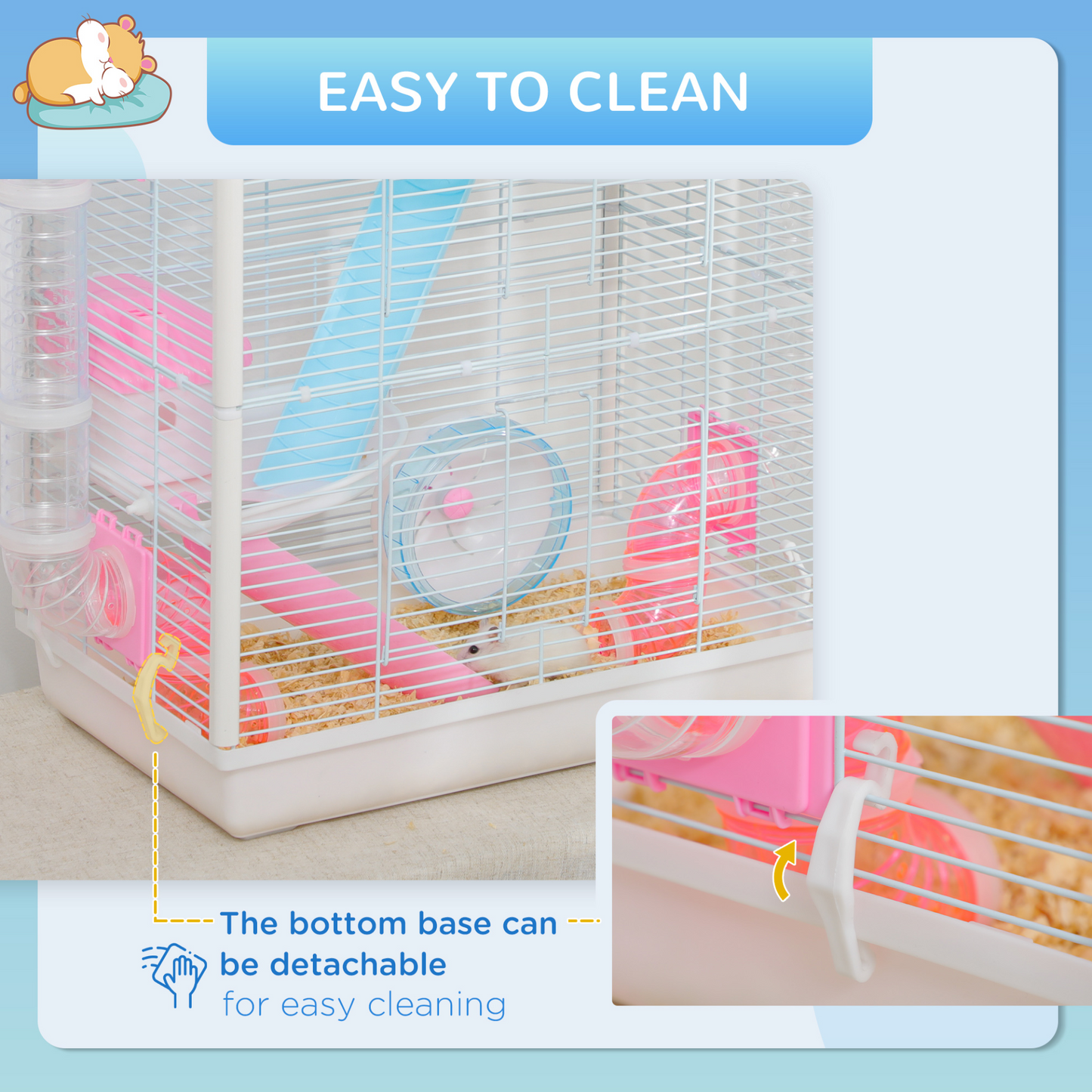 PawHut Hamster Cage, Gerbilarium Cage w/ Tunnel Tubes, Detachable Bottom, Ramps, Jumping Platforms, Hut, Exercise Wheel, Water Bottle, Food Bowl, for Small Rodents, 47 x 29.5 x 53cm