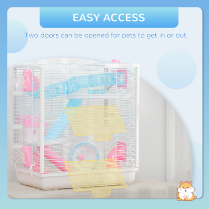 PawHut Hamster Cage, Gerbilarium Cage w/ Tunnel Tubes, Detachable Bottom, Ramps, Jumping Platforms, Hut, Exercise Wheel, Water Bottle, Food Bowl, for Small Rodents, 47 x 29.5 x 53cm