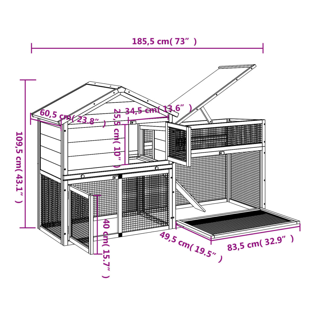vidaXL Rabbit Hutch Grey 185.5x60.5x109.5 cm Solid Wood Pine