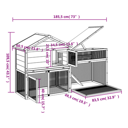 vidaXL Rabbit Hutch Grey 185.5x60.5x109.5 cm Solid Wood Pine