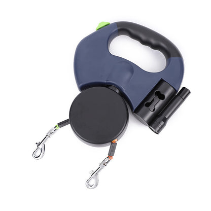 Retractable Reflective Dual Dog Leash with Lights, Torch & Poop Bags