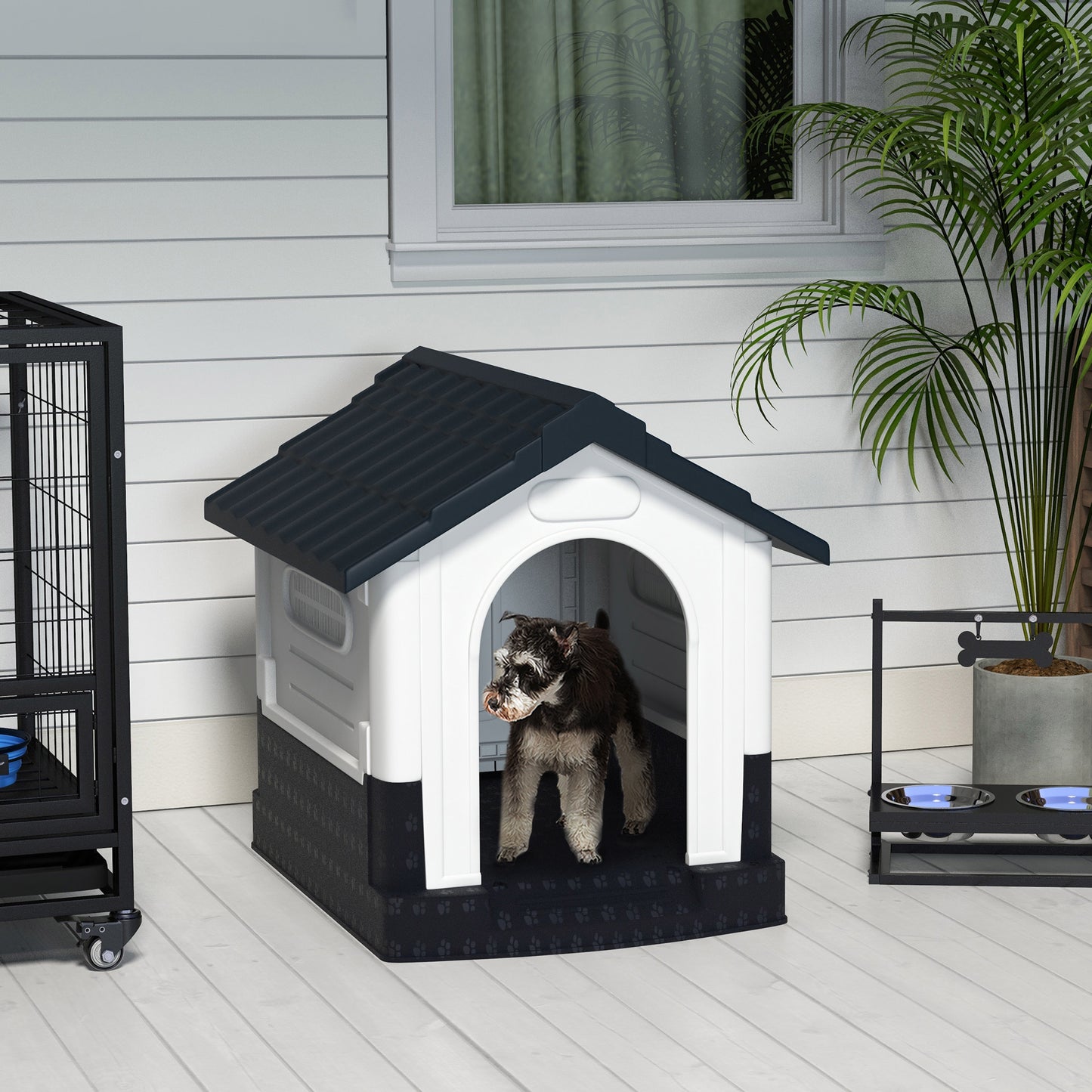 Plastic Dog Kennel with Windows, for Garden Patio, Miniature and Small Dogs, 80 x 69 x 76cm - Grey | PawHut-8