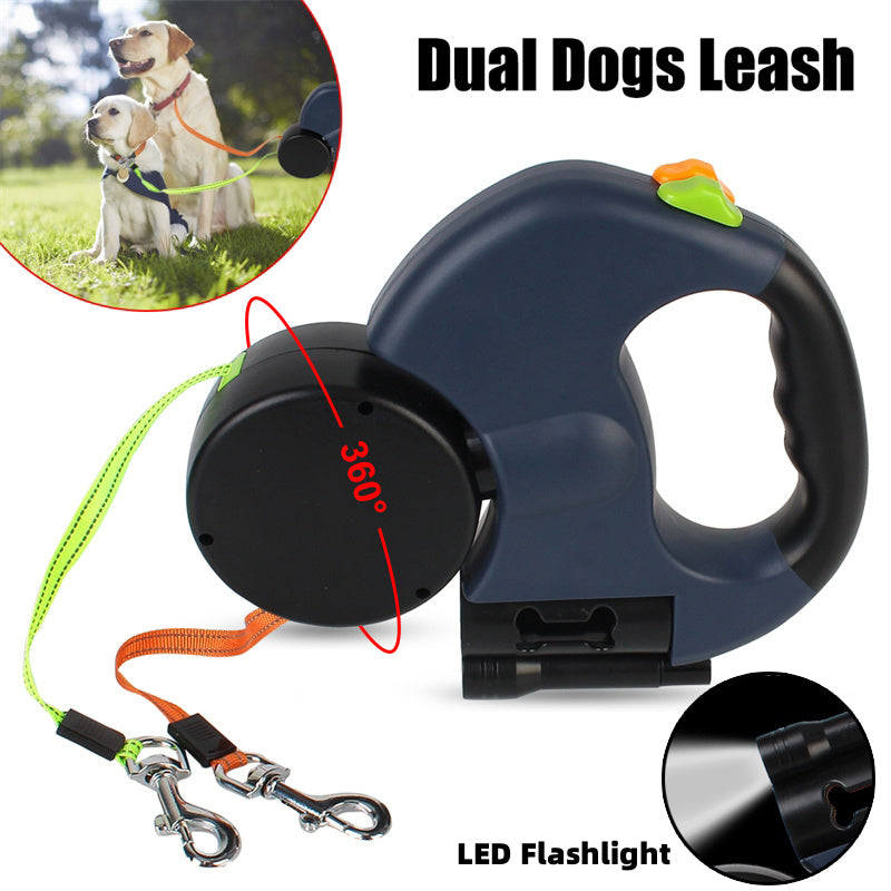 Retractable Reflective Dual Dog Leash with Lights, Torch & Poop Bags