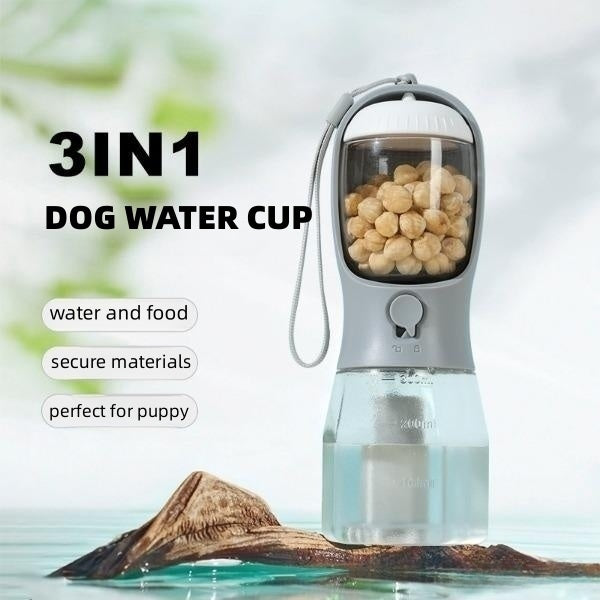 3-in-1 Portable Pet Water Bottle – Water, Food & Waste Bag Dispenser