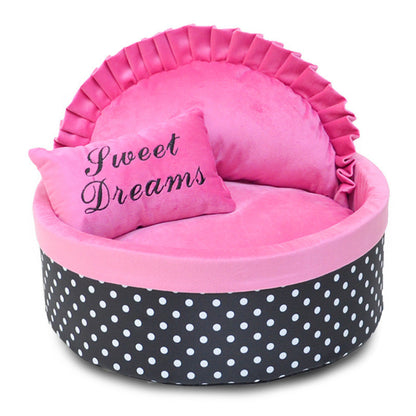 Polka Dot Round Pet Nest – Cozy Cat and Dog Bed with Pillow