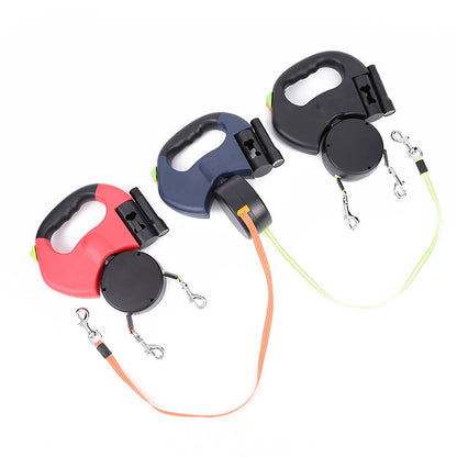 Retractable Reflective Dual Dog Leash with Lights, Torch & Poop Bags